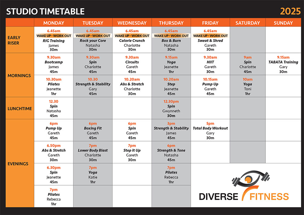 Classes Timetable, Diverse Fitness Gym, Hook, Hampshire